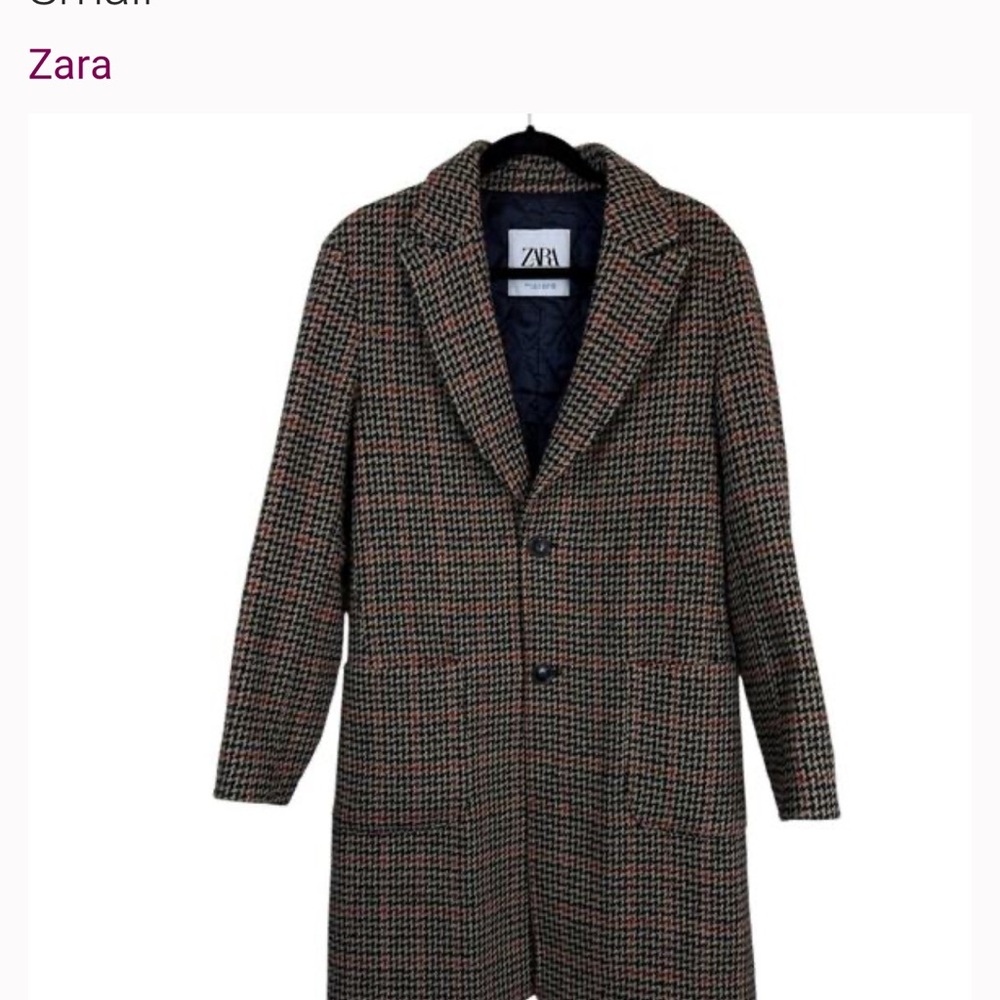 ZARA MEN Wool Trench Coat - Black and Brown Houndstooth plaid tweed.